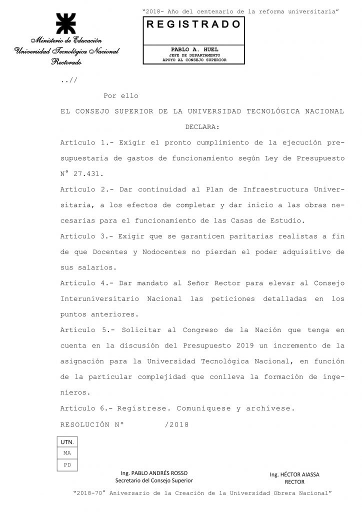 Resolución del Consejo Superior Nº xxxxxx-2018 RESOLUCIÓN COMISIÓN DE PRESUPUESTOPROYECTO DE DECLARACIÓN-2